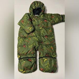 Columbia Down Puffer Green Snowsuit with Red and Yellow Accents